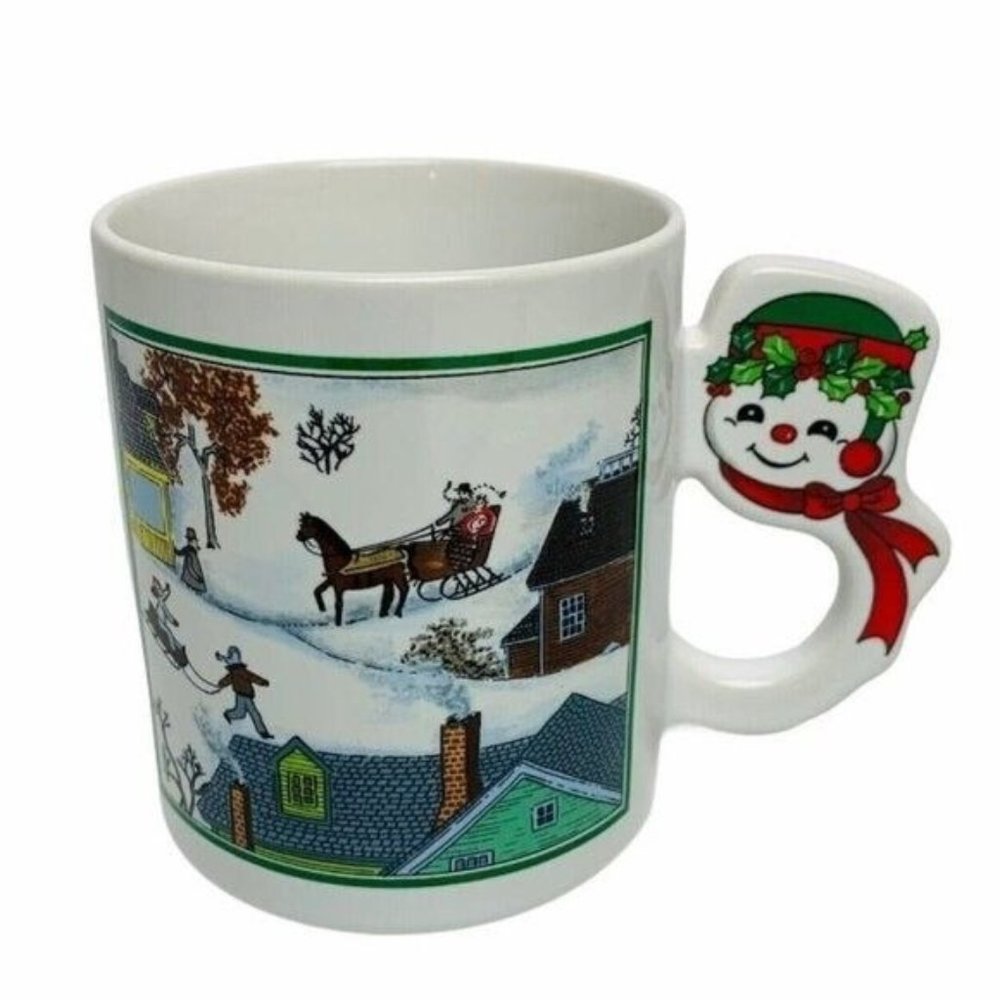 Vintage Japan Mug Christmas Winter Village Sleigh Holiday Snowman Coffee Cup 4"